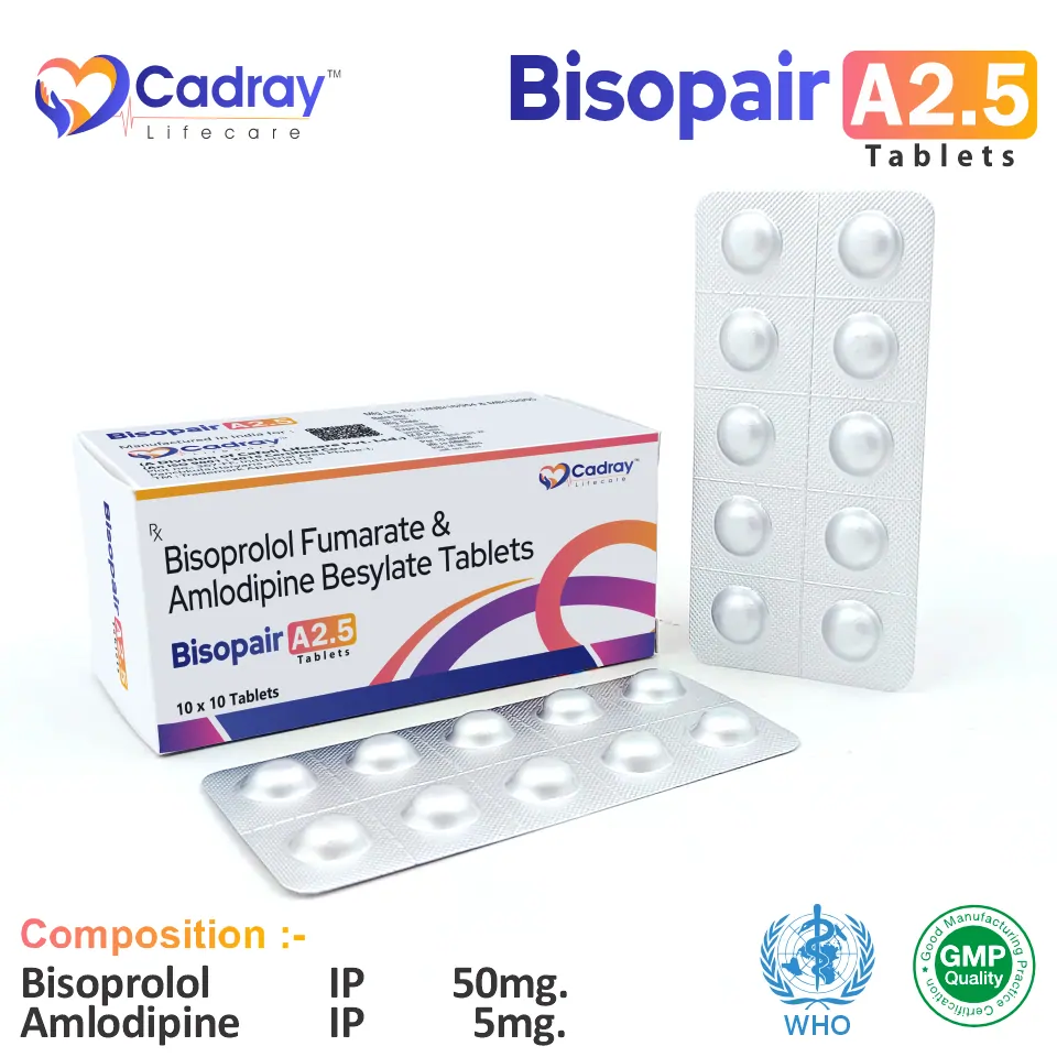 Bisopair A 2.5 Tablet supports hypertension & cardiac care with Bisoprolol 2.5mg & Amlodipine 5mg. WHO GMP certified, available at the best price for PCD pharma franchise & third-party manufacturing.